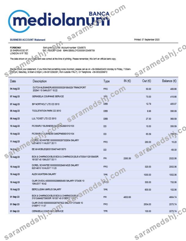 Banca Mediolanum firm account statement Word and PDF template